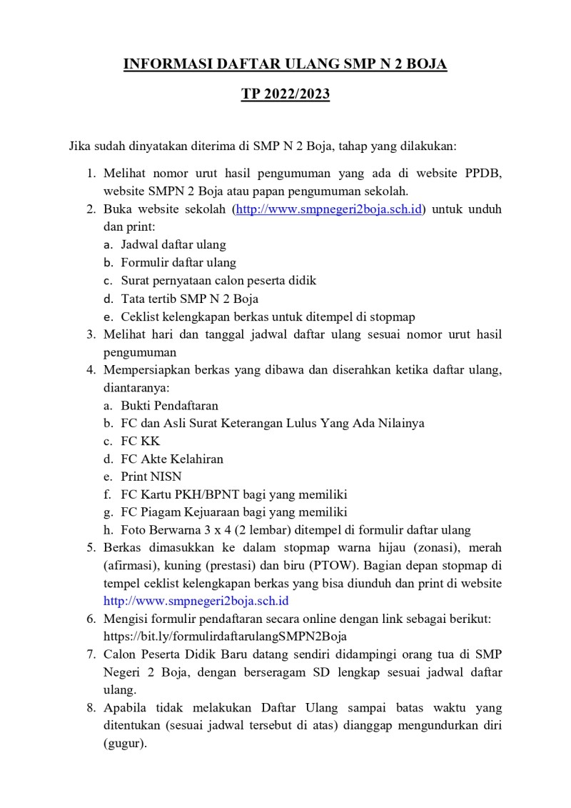 INFORMASI DAFTAR ULANG SMP N 2 BOJA TP. 2023/2024