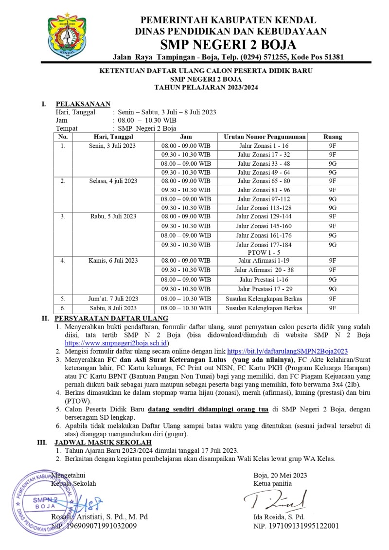 JADWAL DAFTAR ULANG PPDB TP. 2023/2024